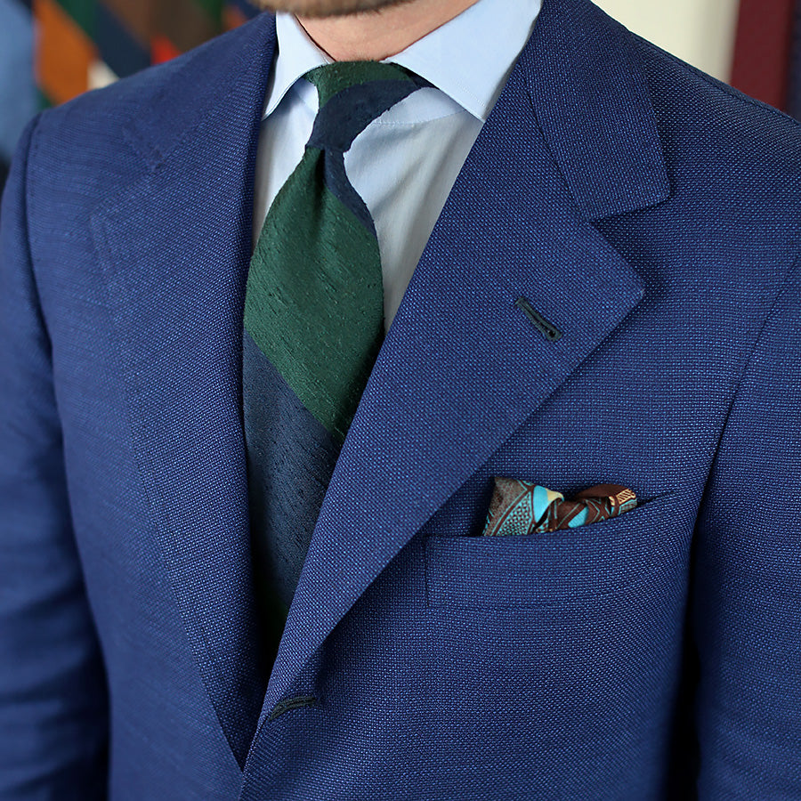 Block Stripe Shantung Silk Tie - Navy / Forest - Hand-Rolled