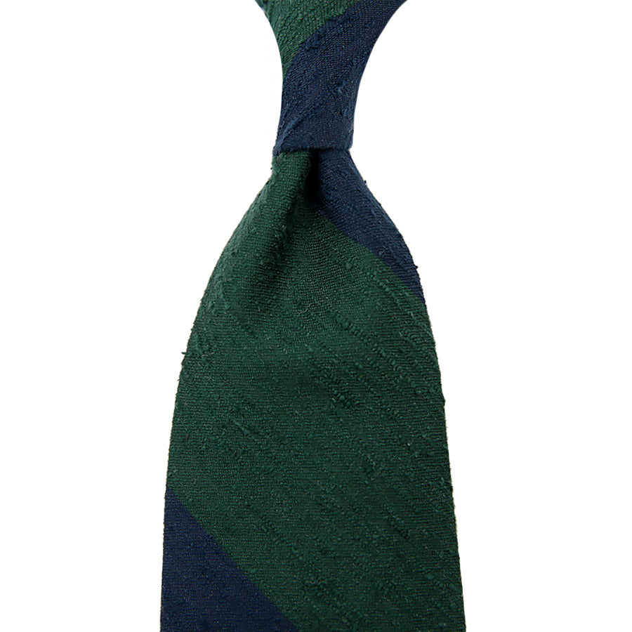 Block Stripe Shantung Silk Tie - Navy / Forest - Hand-Rolled