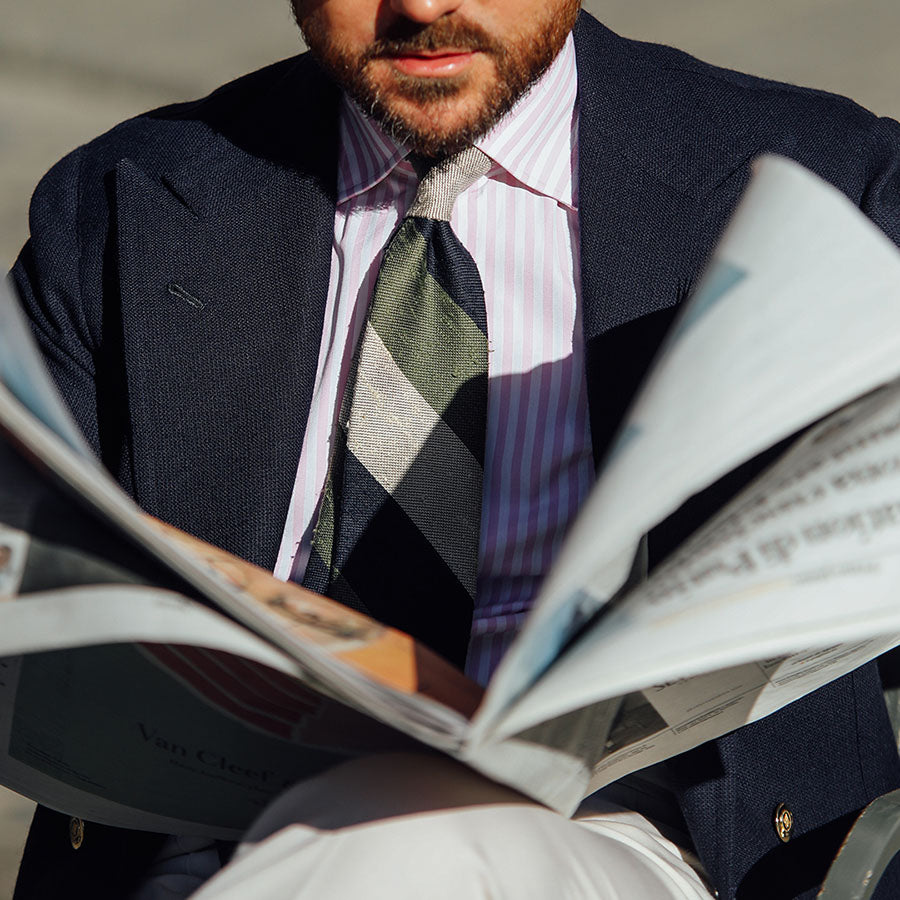 Triple Block Stripe Soft Shantung Silk Tie - Navy / Olive / Cream