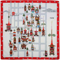 Kyoto Motif Cotton Handkerchief - White / Red