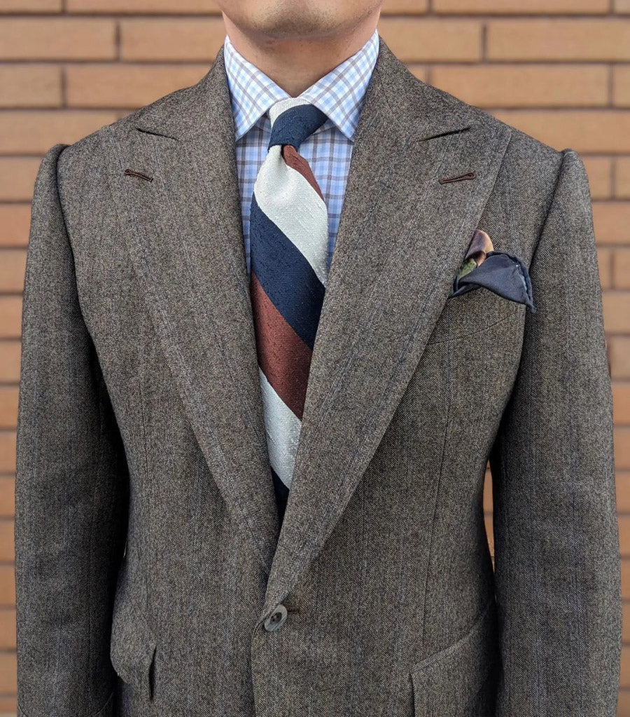 Triple Block Stripe Shantung Silk Tie - Navy / Brown / Ivory