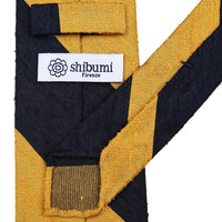 Block Stripe Shantung Silk Tie - Navy / Yellow - Hand-Rolled