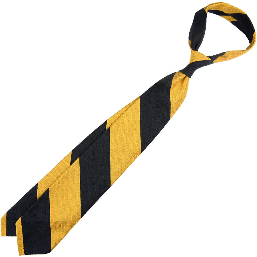 Block Stripe Shantung Silk Tie - Navy / Yellow - Hand-Rolled