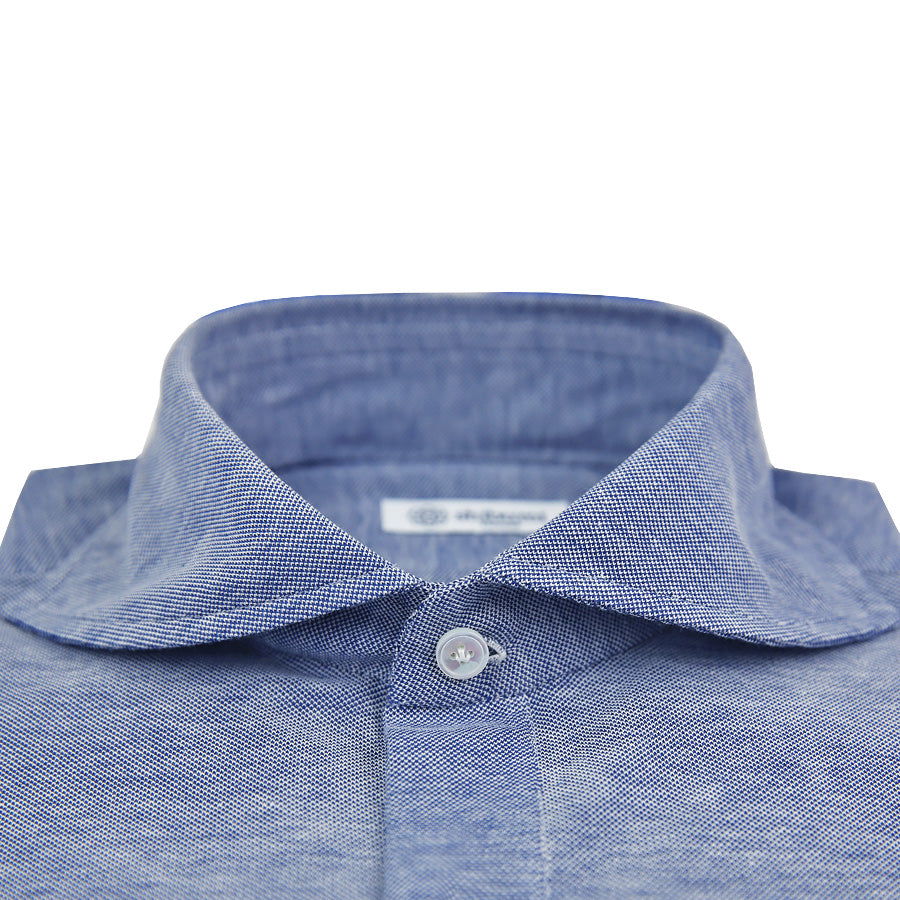 Long Sleeved Polo Shirt - Wide Spread - Blue Birdseye - Regular Fit