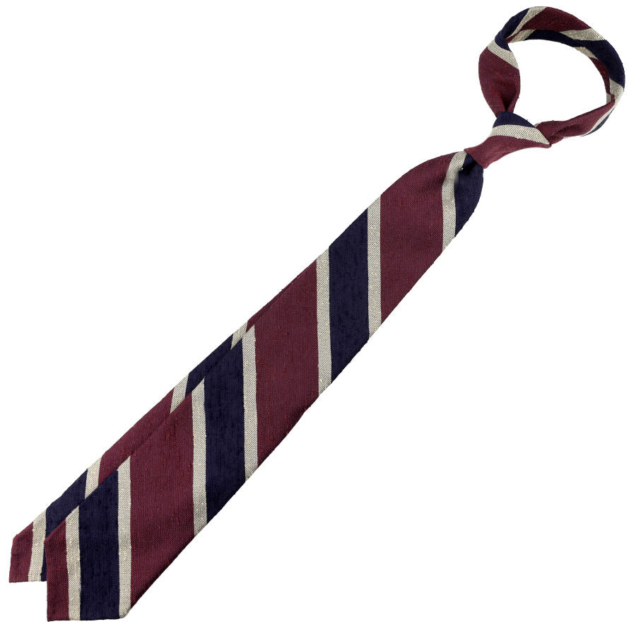 Striped Soft Shantung Silk Tie - Burgundy / Navy / Ivory