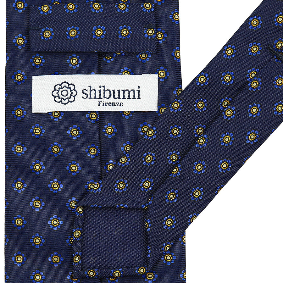 Shibumi-Flower Printed Silk Tie - Navy - Hand-Rolled