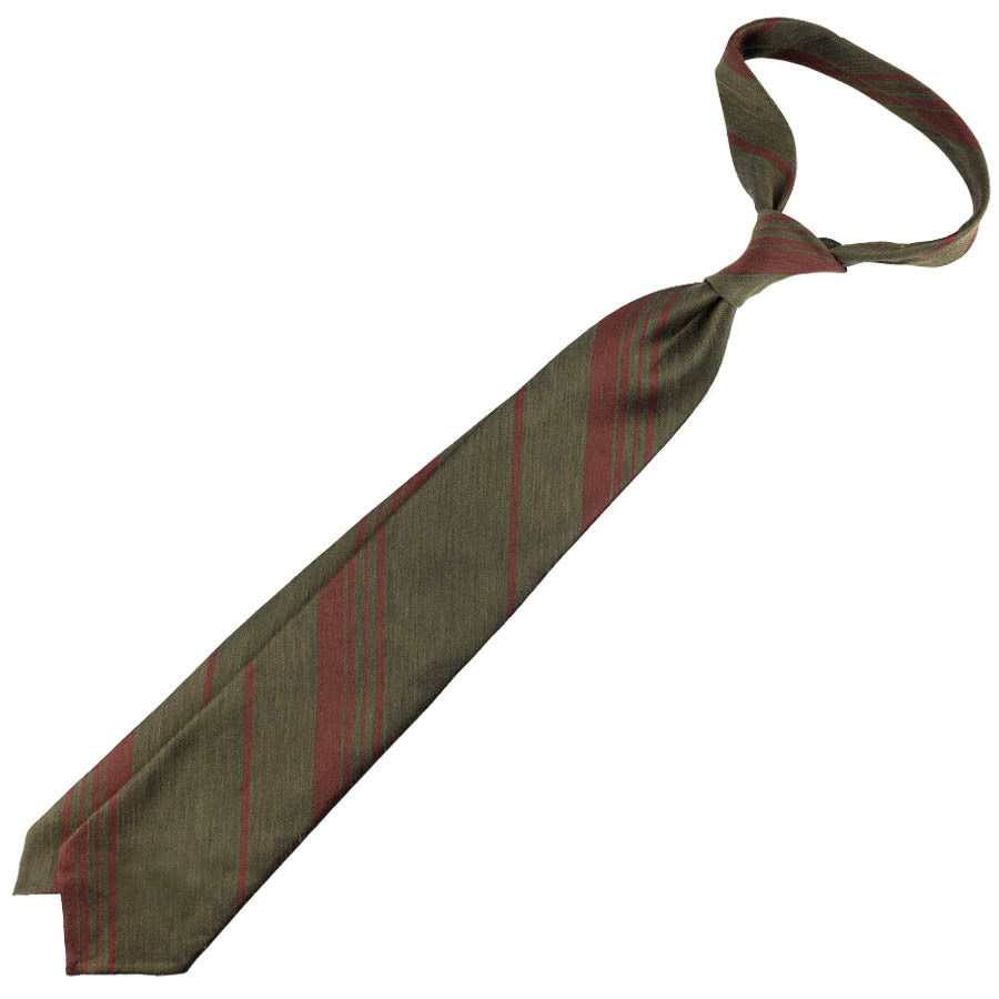 Repp Stripe Silk / Cotton Tie - Olive / Copper - Hand-Rolled