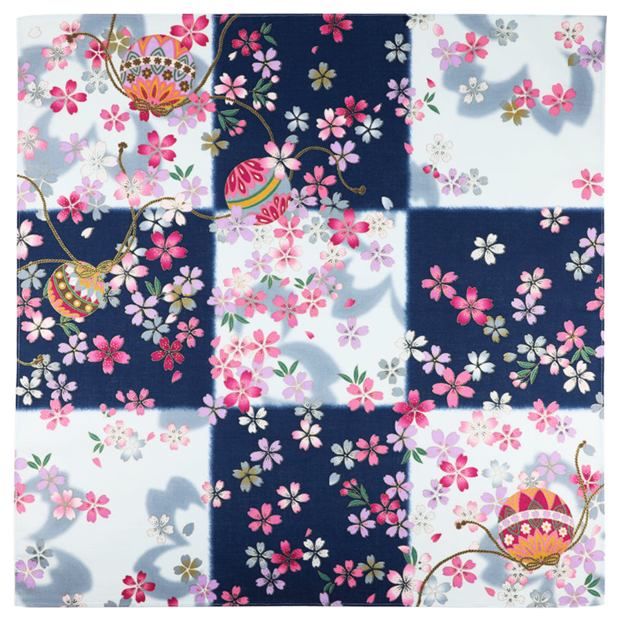 Kimono Motif Cotton Handkerchief - Navy / Light Grey