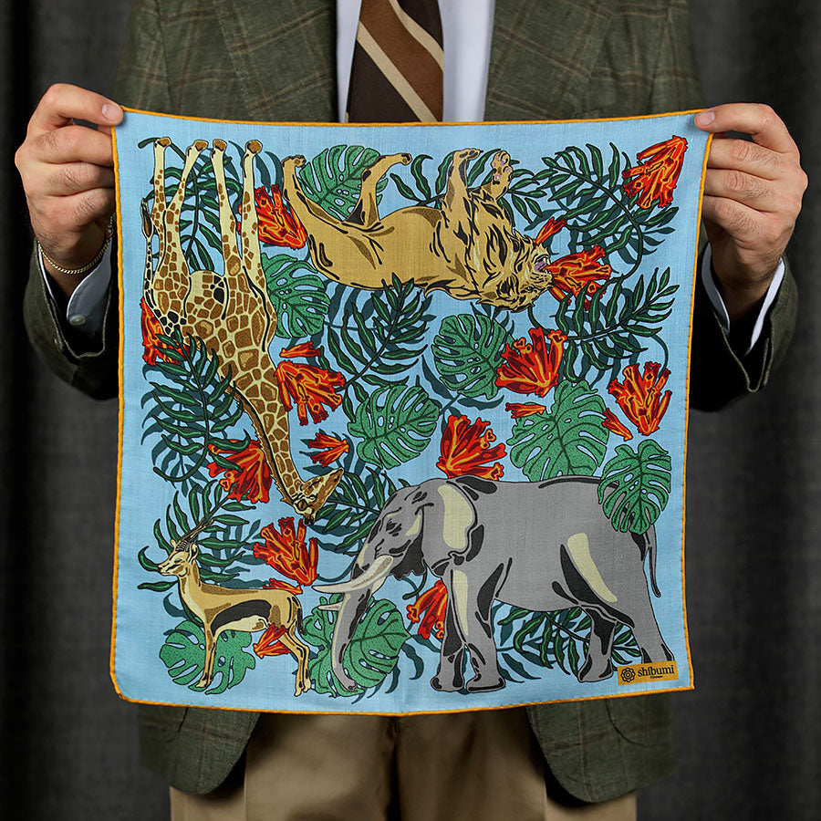 Safari Motif Wool / Silk Pocket Square - Sky Blue - 40x40cm