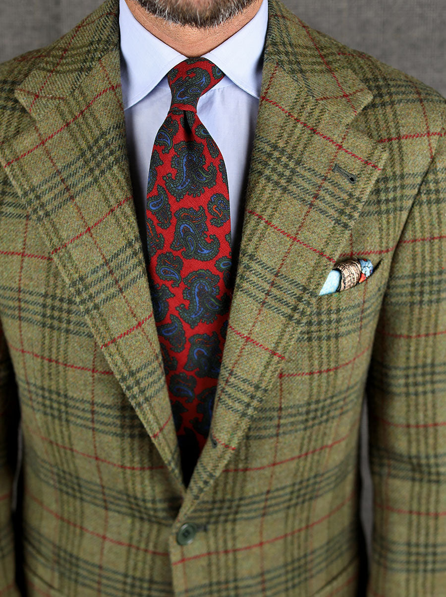 Paisley Printed Wool Challis Tie - Cherry - Hand-Rolled