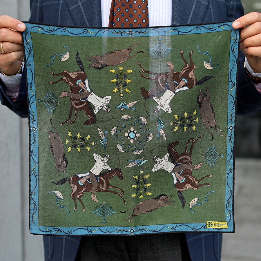 Japanese Hunter Wool / Silk Pocket Square - Olive - 40x40cm