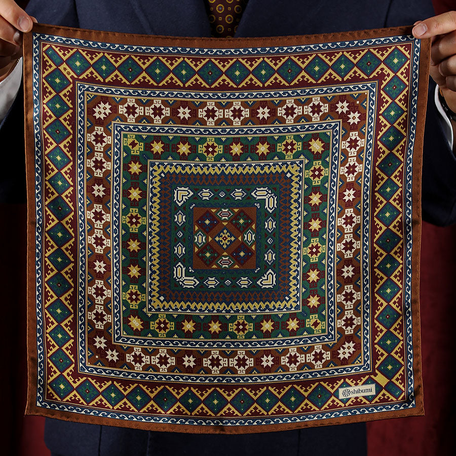 8 Bit Motif Silk Pocket Square - Forest / Brown - 40x40cm
