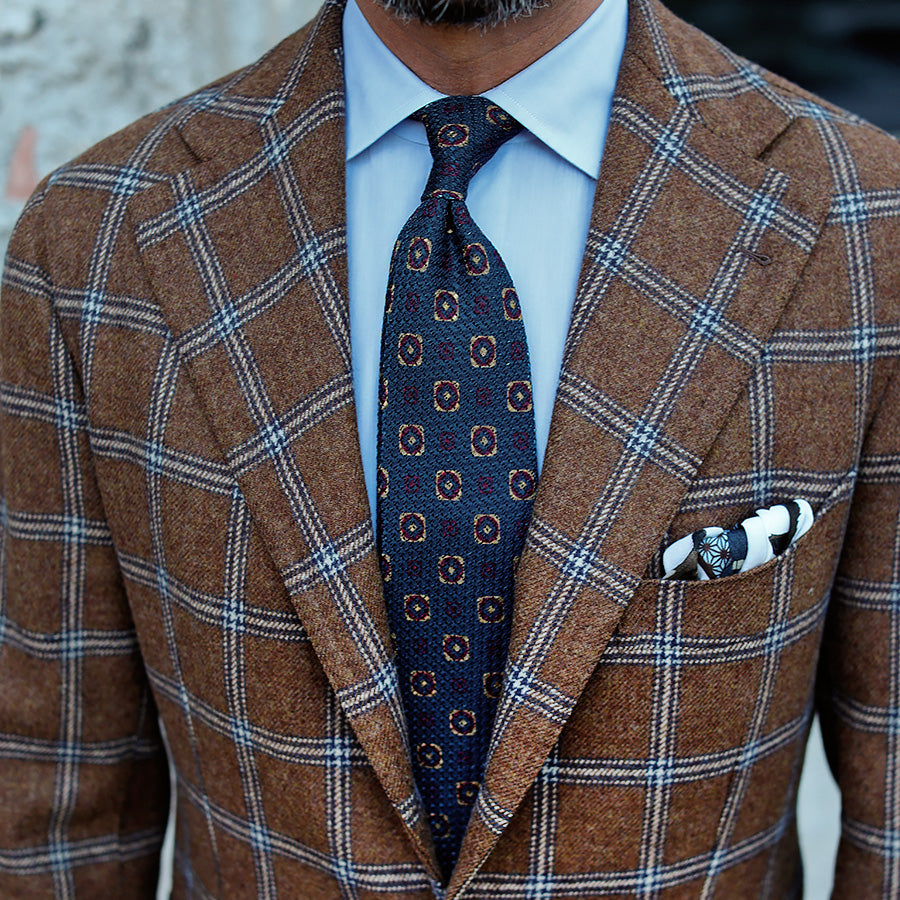 Printed Grossa Grenadine Silk Tie - Navy - Hand-Rolled