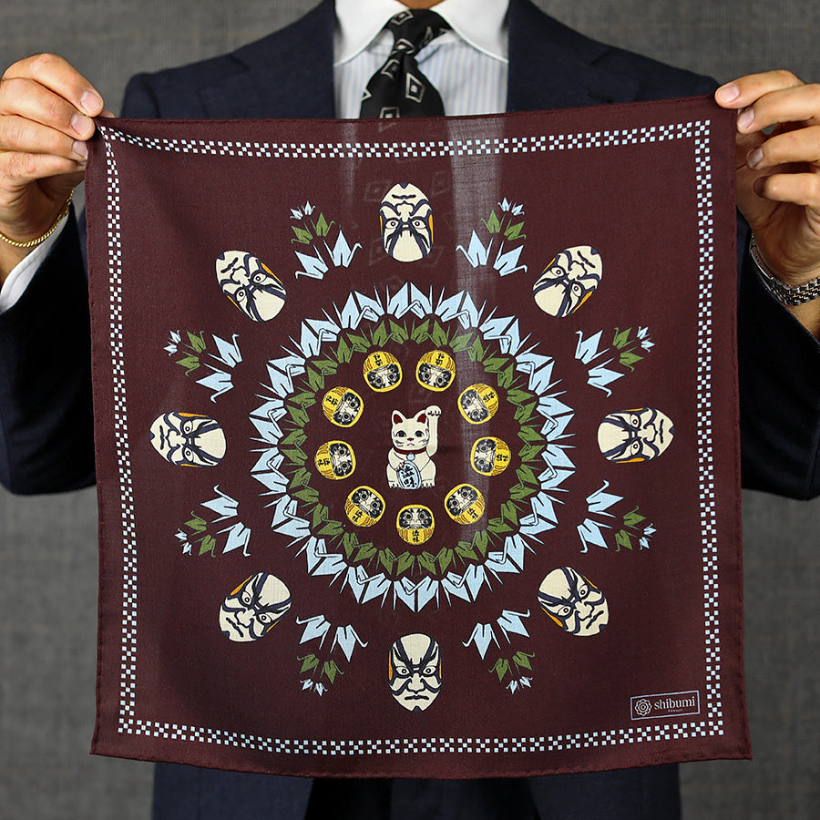 Fortune Motif Wool / Silk Pocket Square - Burgundy - 40x40cm