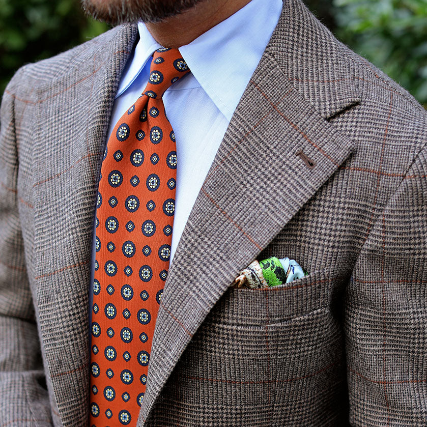 Floral Printed Silk Tie - Rust - Hand-Rolled
