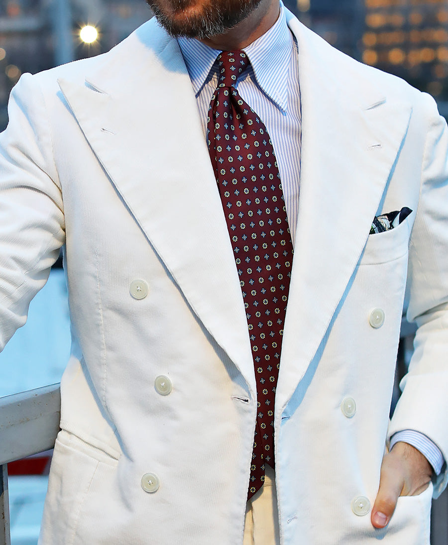 Floral Printed Silk Tie - Burgundy - Hand-Rolled
