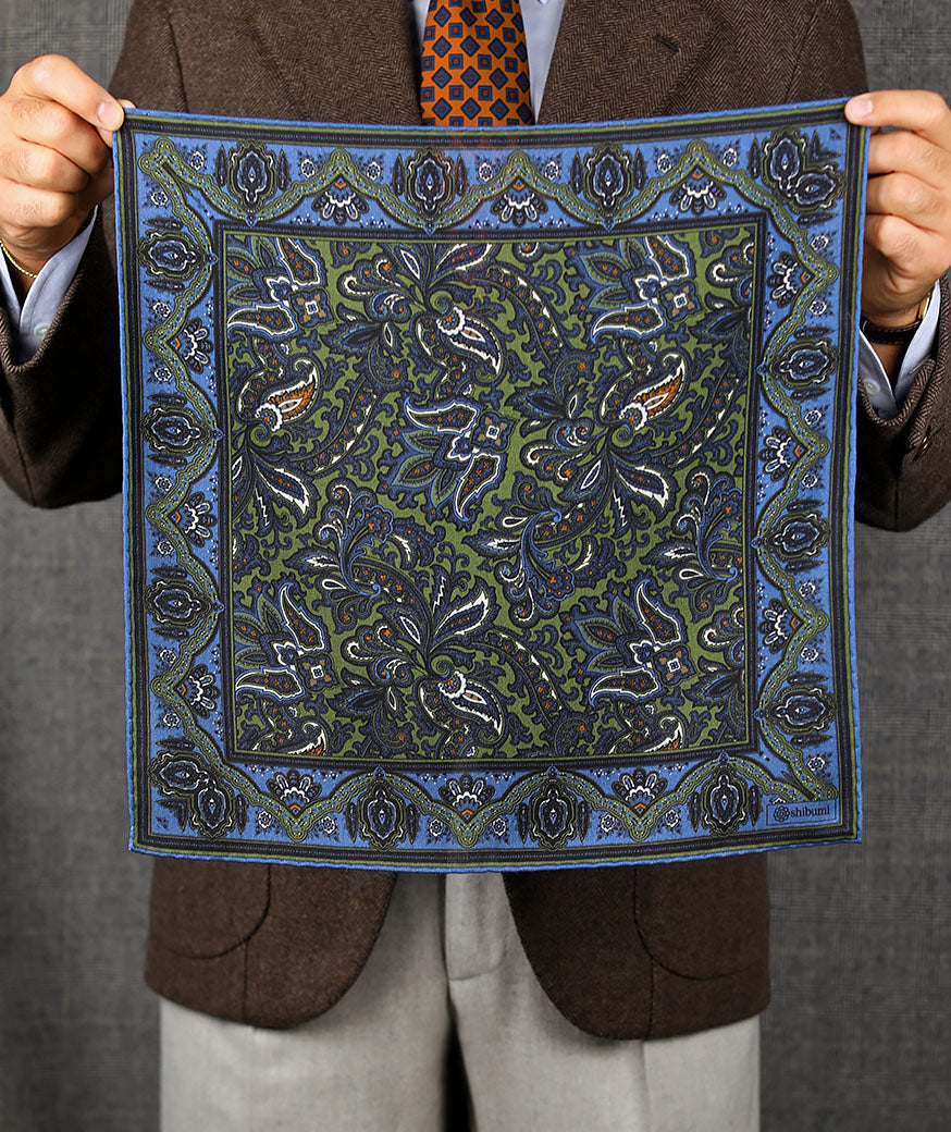 Paisley Motif Wool / Silk Pocket Square - Green / Blue - 40x40cm