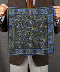 Paisley Motif Wool / Silk Pocket Square - Green / Blue - 40x40cm