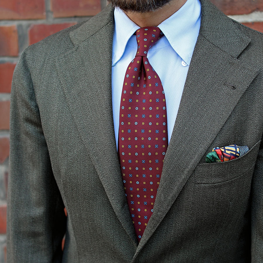 Floral Printed Silk Tie - Burgundy - Hand-Rolled