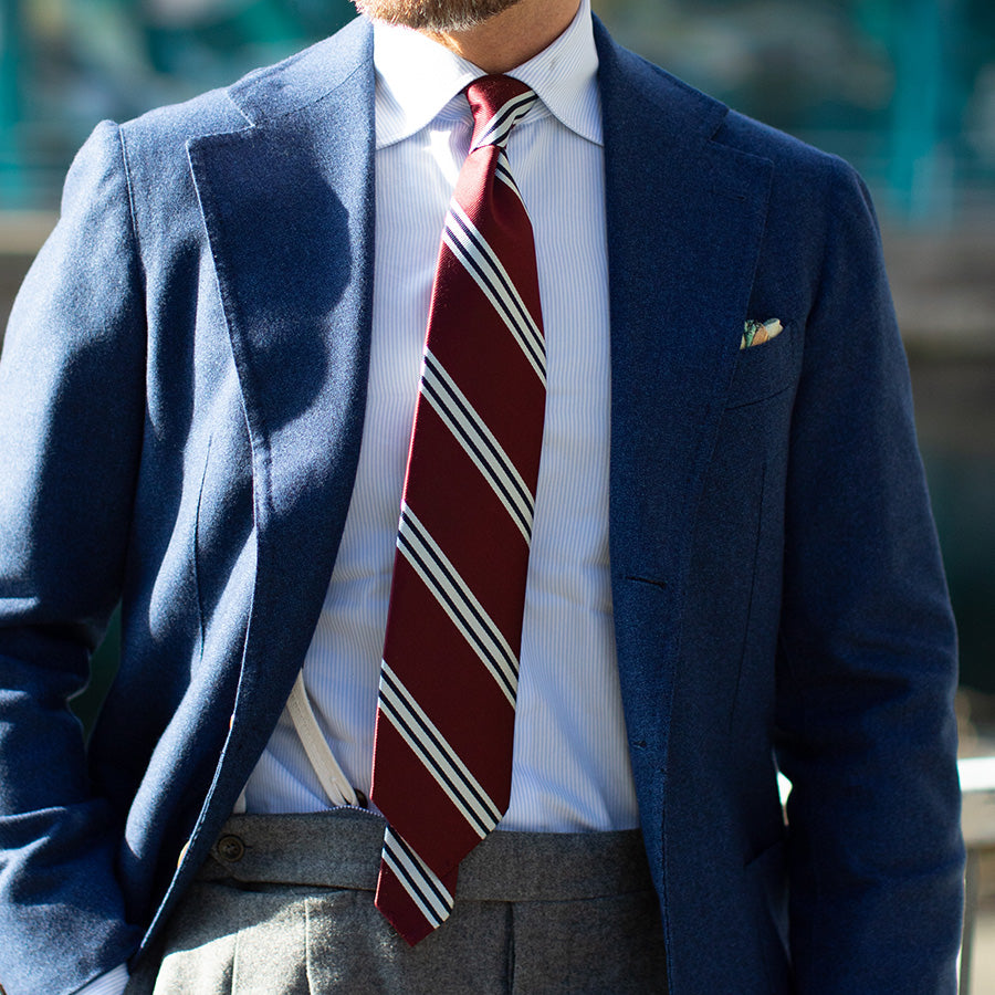 Japanese Repp Stripe Silk Tie - Burgundy - Hand-Rolled