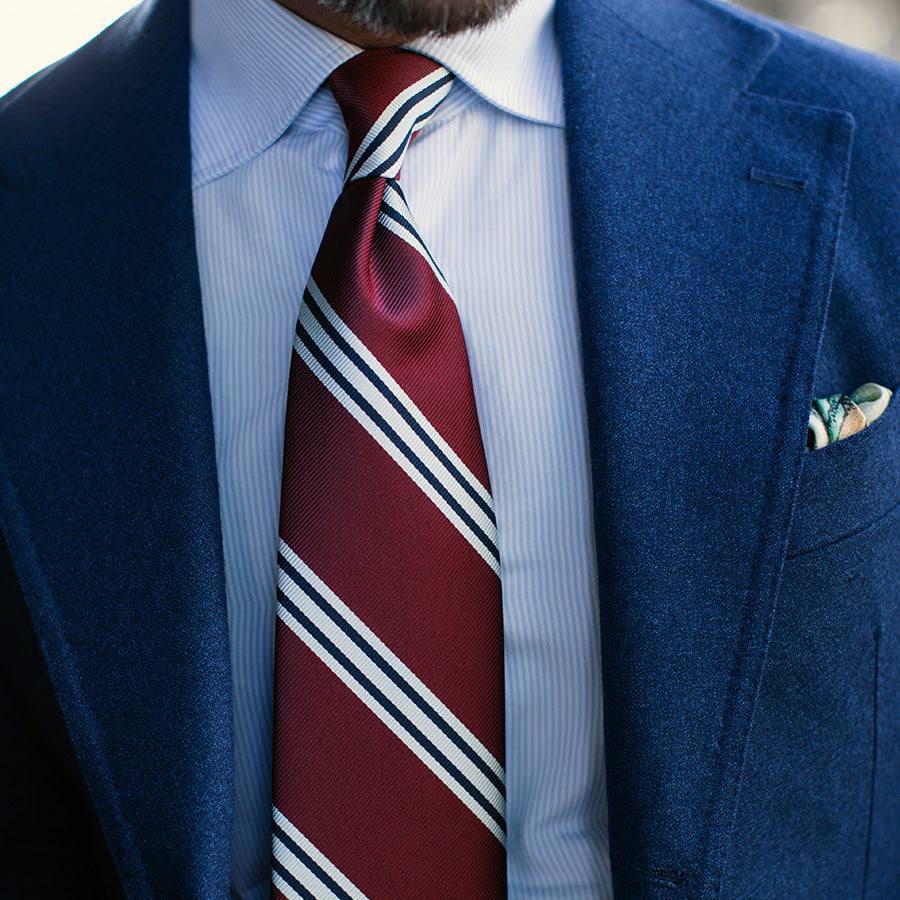Japanese Repp Stripe Silk Tie - Burgundy - Hand-Rolled