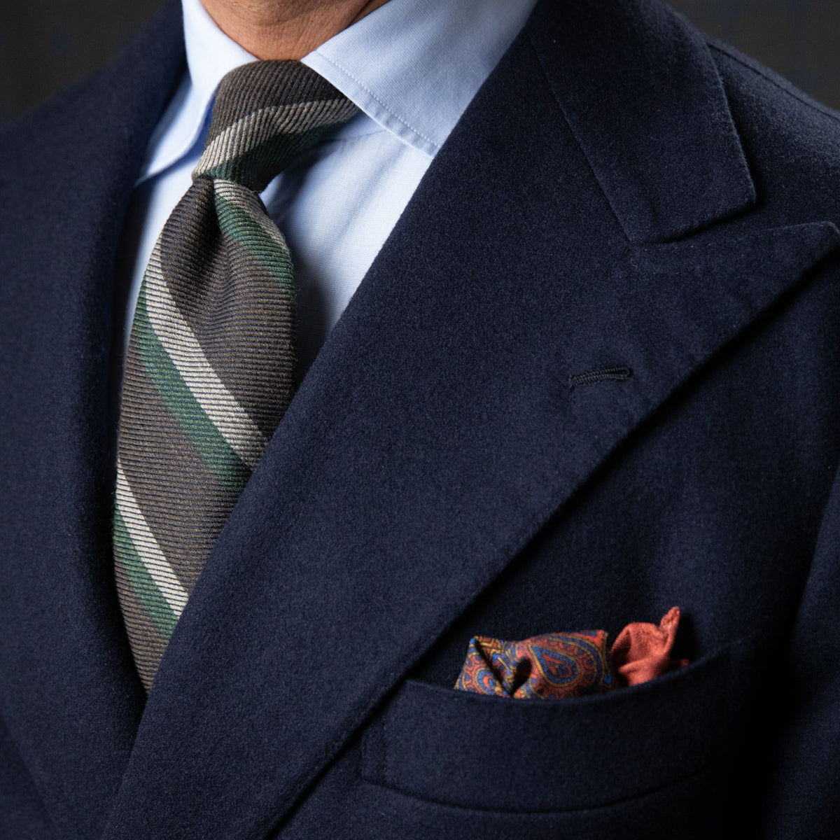 Japanese Striped Wool Tie - Brown - Hand-Rolled