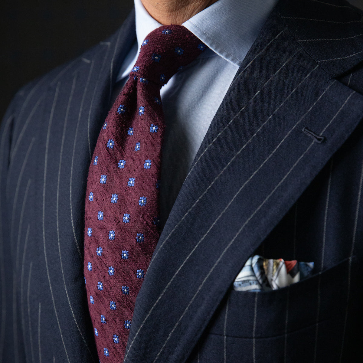 Floral Shantung Silk Tie - Burgundy - Hand-Rolled