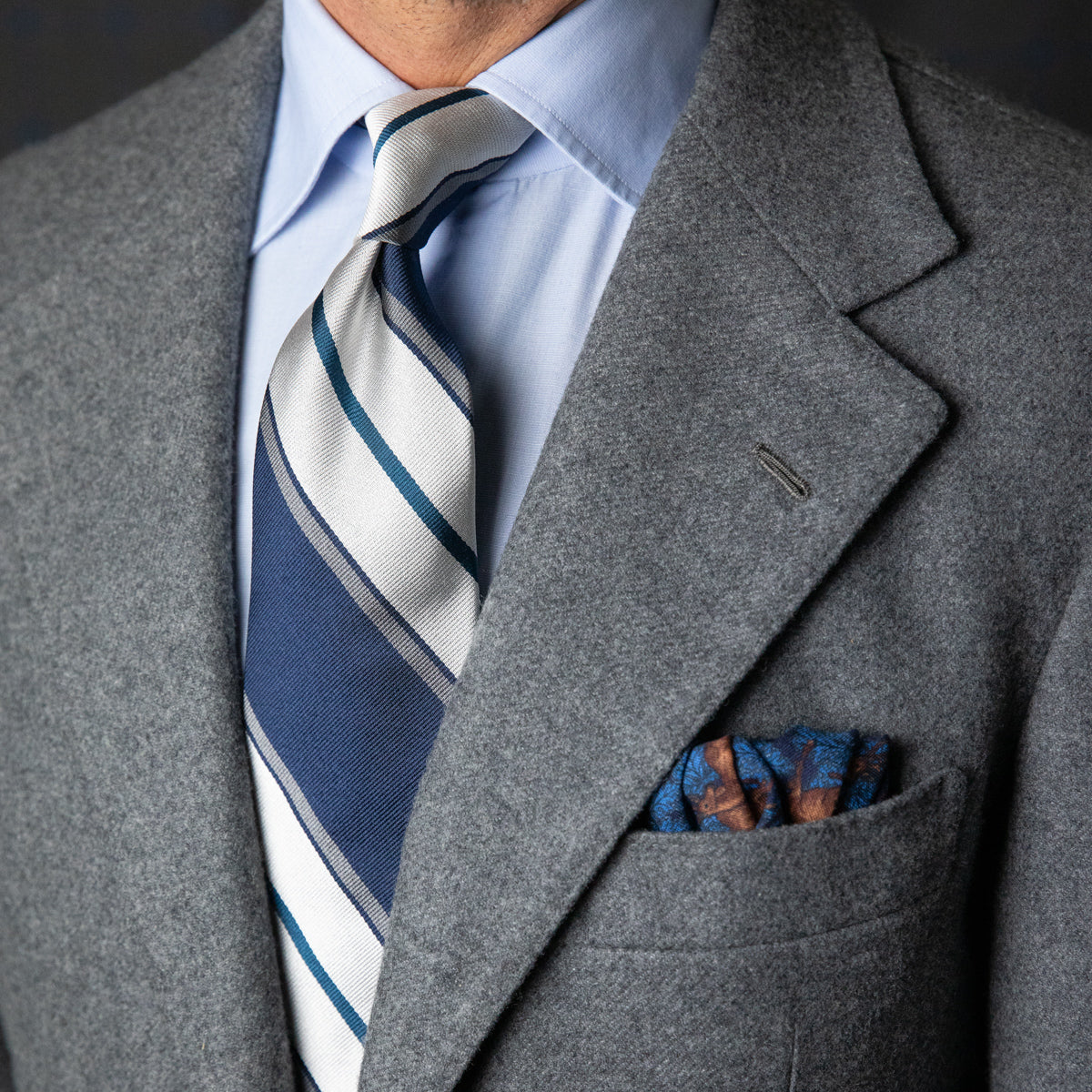 Repp Stripe Silk Tie - Navy / White / Grey - Hand-Rolled