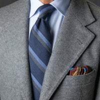 Japanese Striped Wool Tie - Navy - Hand-Rolled