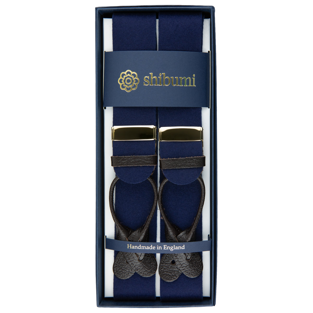 Boxcloth Braces - Navy / Brown Leather (Gold Clips)