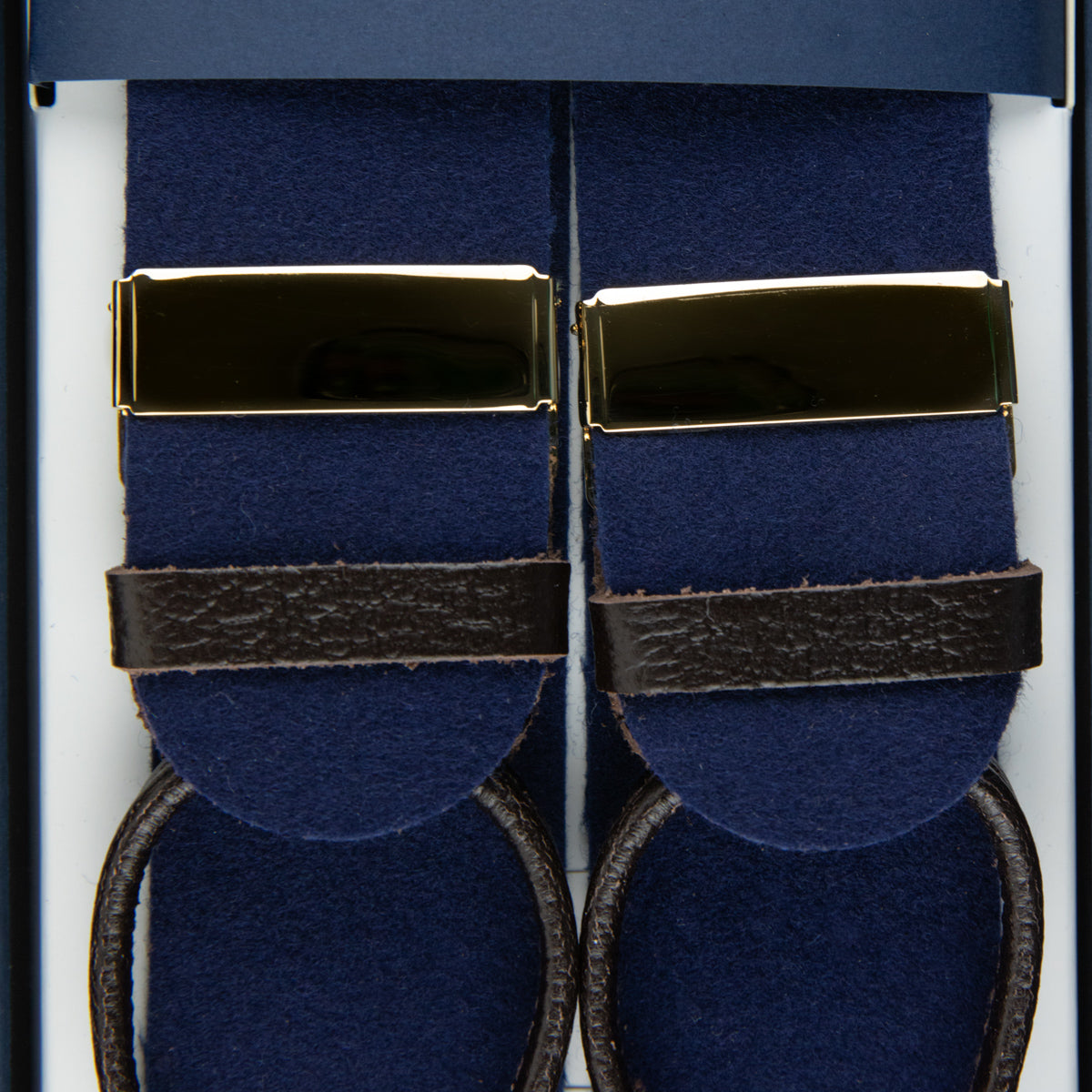 Boxcloth Braces - Navy / Brown Leather (Gold Clips)