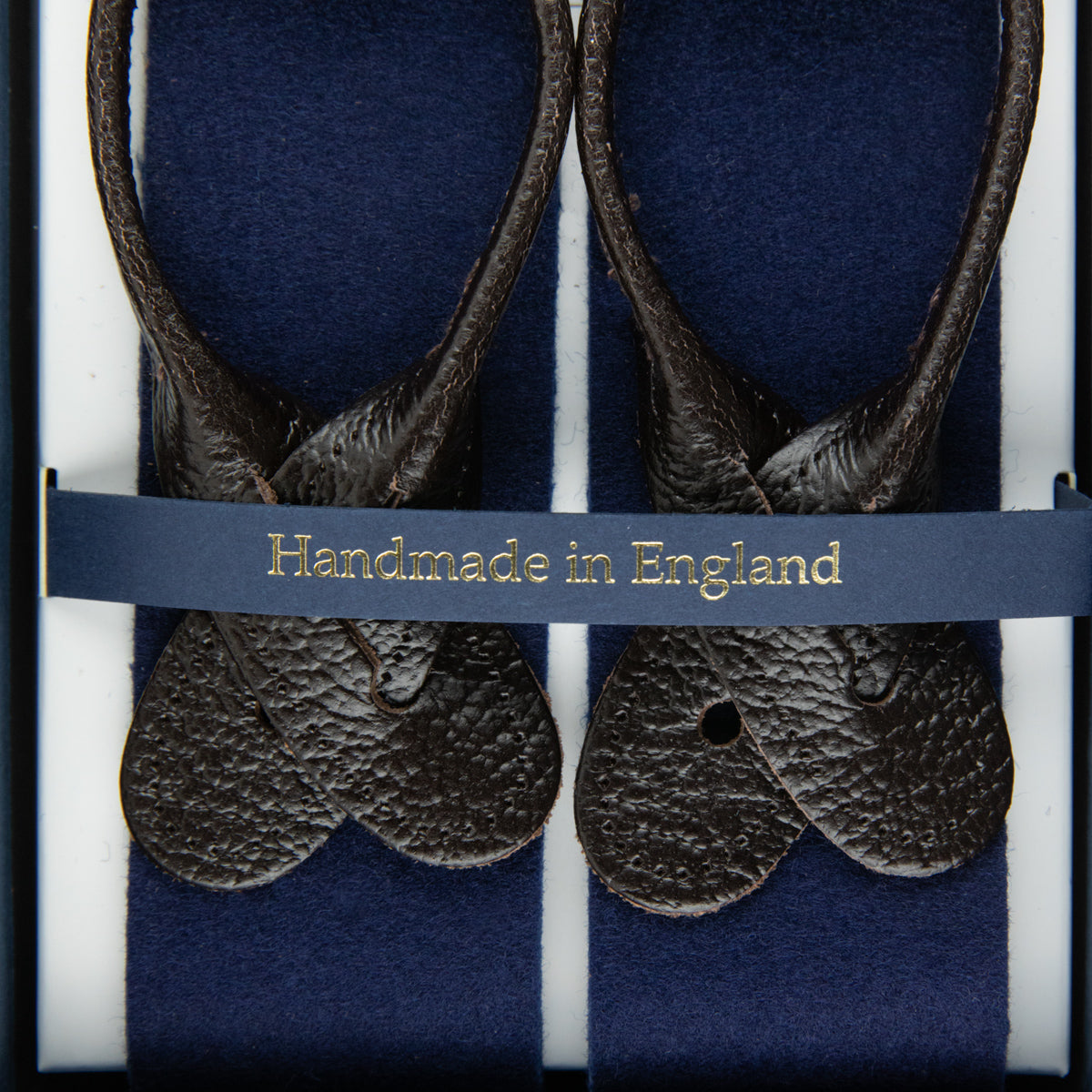 Boxcloth Braces - Navy / Brown Leather (Gold Clips)