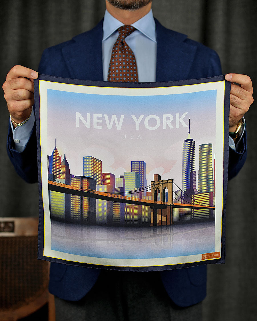 New York Travel Poster Silk Pocket Square - 40x40cm