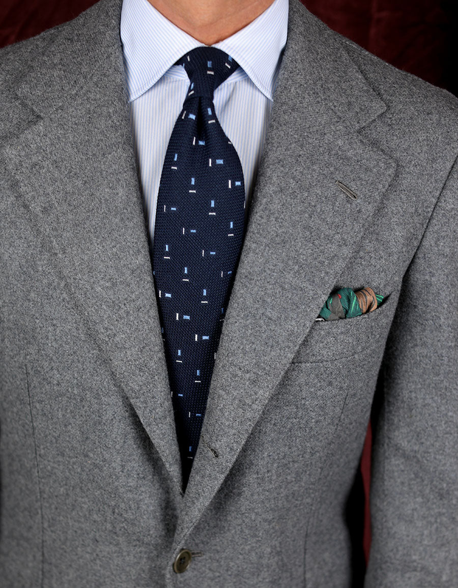 Geometrical Cashmere / Silk Grenadine Tie - Navy - Hand-Rolled