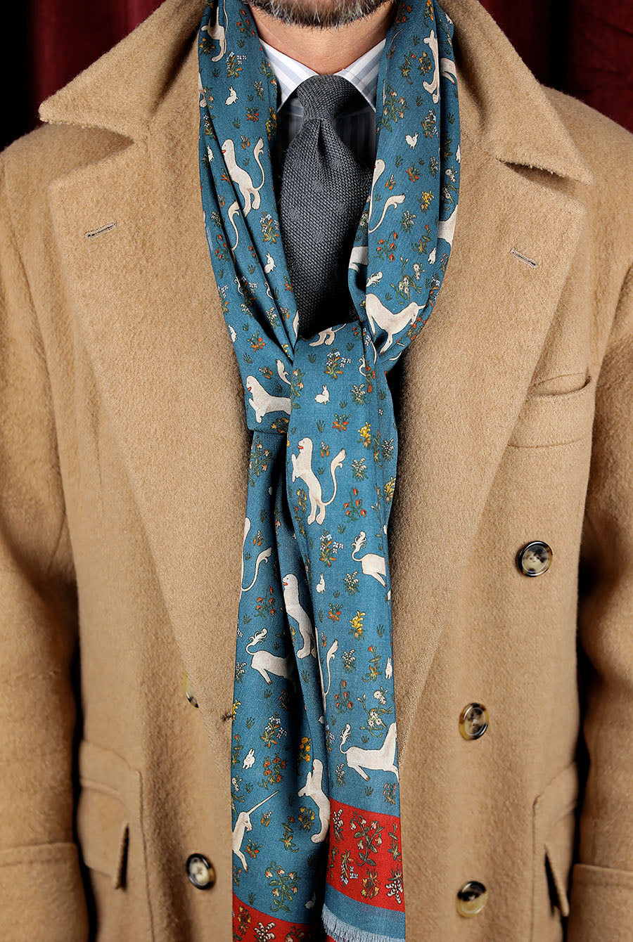 Animal Printed Wool / Silk Scarf - Air Force Blue
