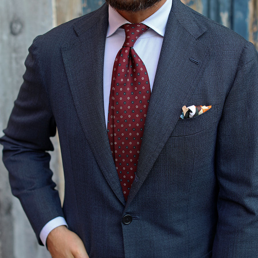 Floral Printed Silk Tie - Burgundy - Hand-Rolled