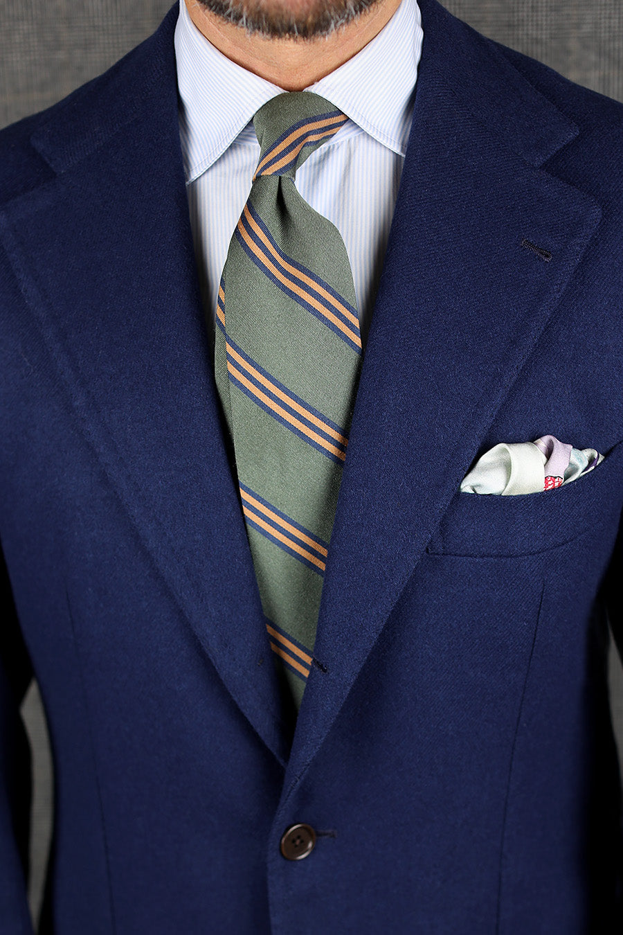 Mogador Striped Silk / Cotton Tie - Olive - Hand-Rolled