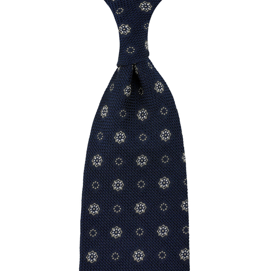 Floral Fina Grenadine Silk Tie - Navy - Hand-Rolled