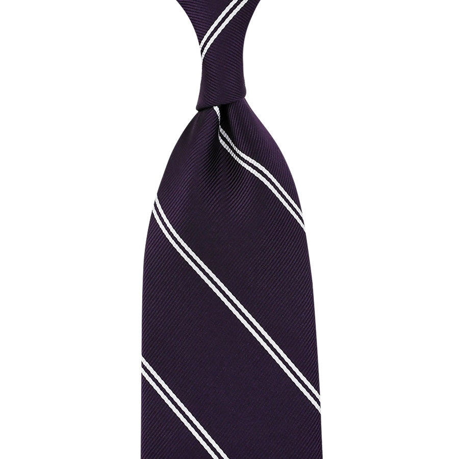 Japanese Repp Stripe Silk Tie - Eggplant - Hand-Rolled