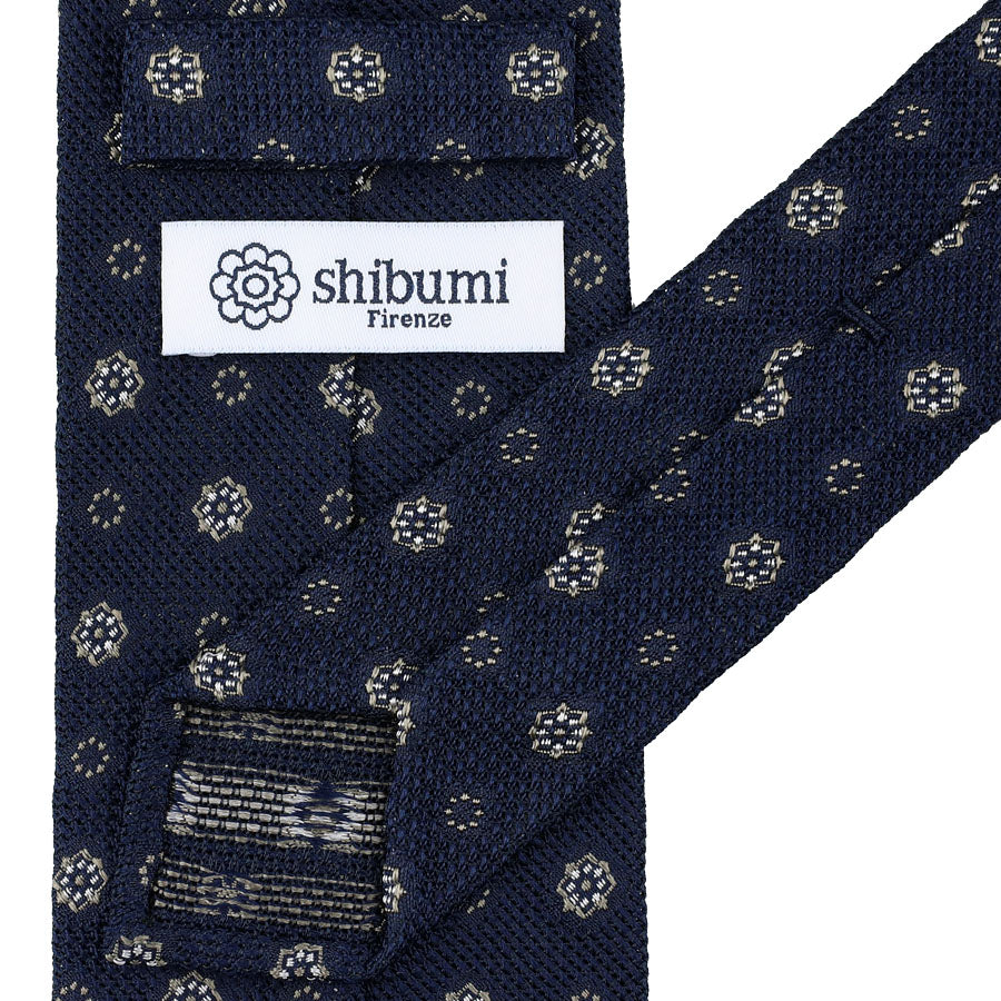 Floral Fina Grenadine Silk Tie - Navy - Hand-Rolled