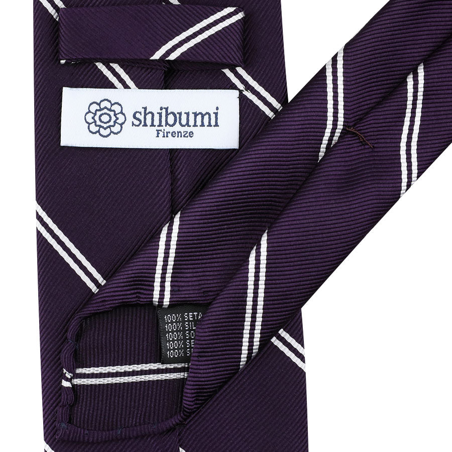 Japanese Repp Stripe Silk Tie - Eggplant - Hand-Rolled