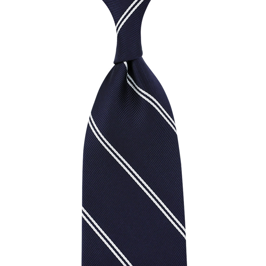 Japanese Repp Stripe Silk Tie - Navy - Hand-Rolled