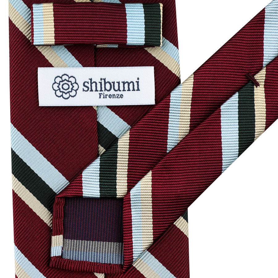 Japanese Repp Stripe Silk Tie - Cherry / Forest / Beige / Sky