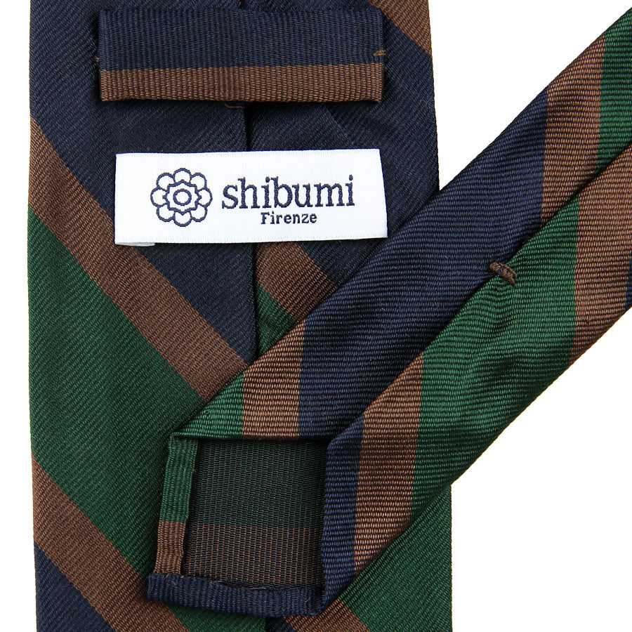Striped Repp Silk Tie - Navy / Forest / Brown - Hand-Rolled