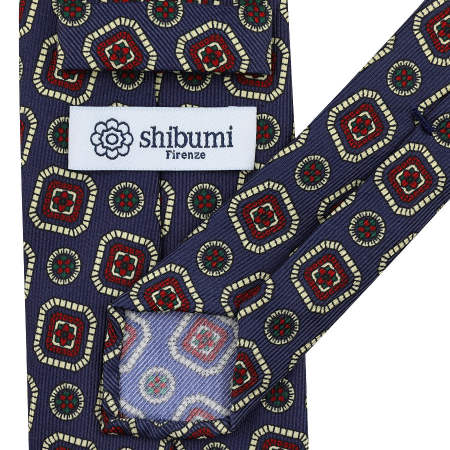 Floral Printed Silk Tie - Navy - Hand-Rolled