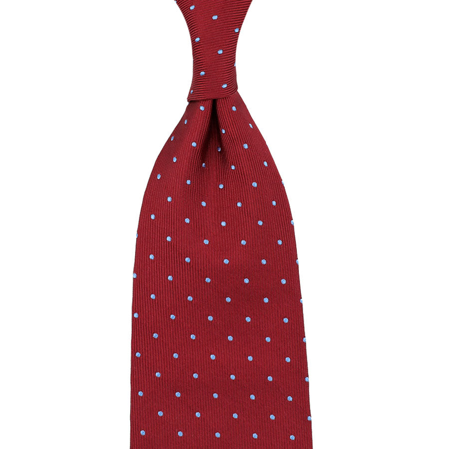 Dotted Jacquard Silk Tie - Cherry / Sky Blue - Hand-Rolled