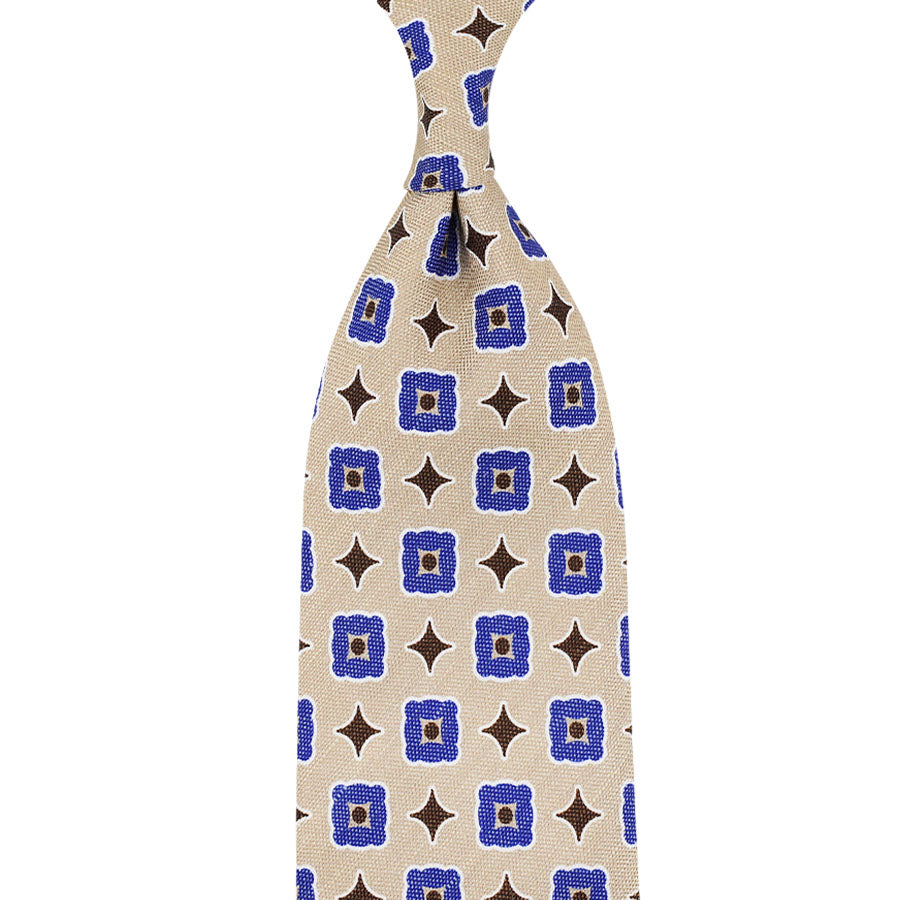 Floral Printed Silk / Linen Tie - Beige - Hand-Rolled