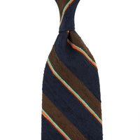 Striped Shantung Silk Tie - Navy / Brown - Hand-Rolled