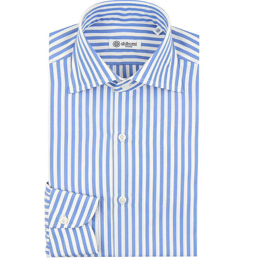 Poplin Semi Spread Shirt - White / Blue - Butcher Stripe - Regular Fit