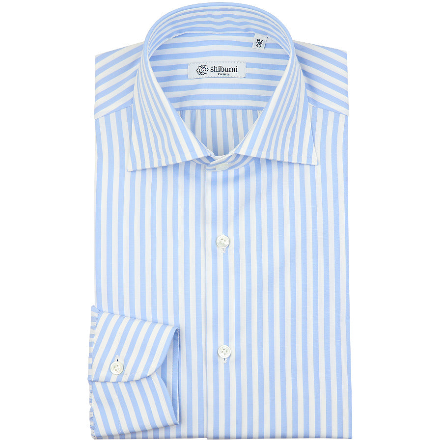 Poplin Semi Spread Shirt - White / Sky Blue - Butcher Stripe - Regular Fit